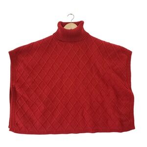 Loft‎ Red Diamond Cable Knit Turtleneck Poncho Sweater Womens M/L Wool Blend